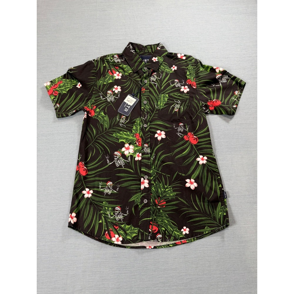 VSTR Short Sleeve Button Down Men S Black NWT Tropical Skeleton Christmas